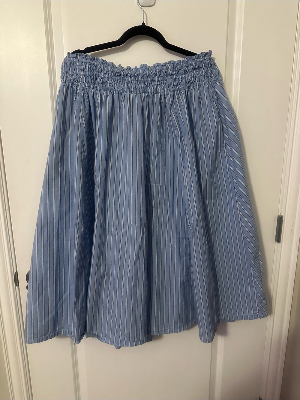 Blue Striped Smocked Waist a-line Midi Skirt